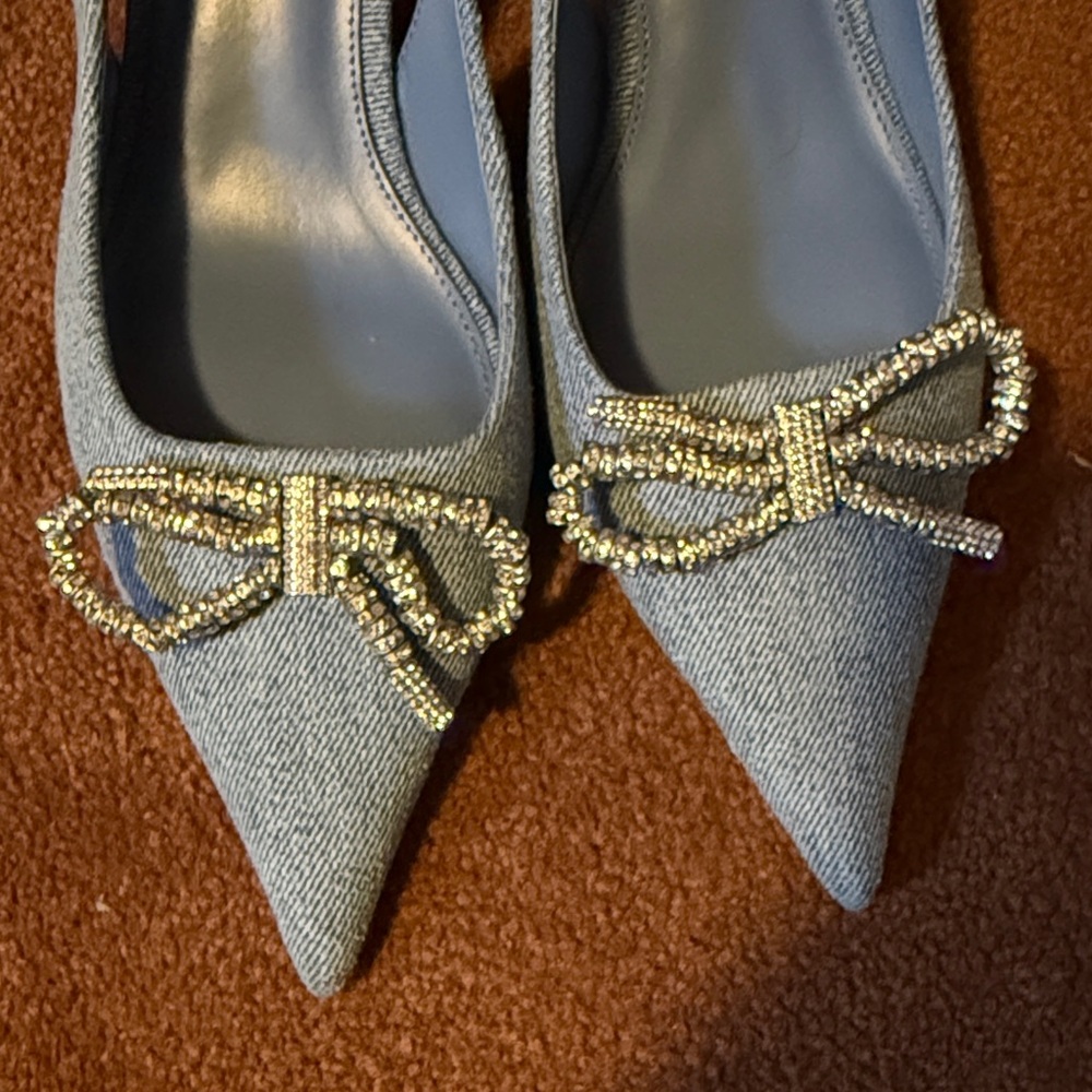 Mango Denim Slingback Heels with Gold Bow - Picture 2 of 3